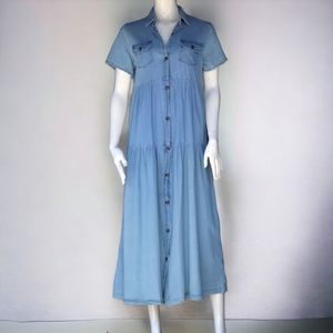 Casual Womens Blue Maxi Dress Short Cap Sleeve Tiered Button Down Midi sz Med